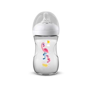 Biberão Natural AVENT Flamingo 260ml com bico que imita o peito materno e design colorido e confortável.