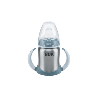 Biberão Térmico NUK 125ml em Aço Inoxidável com alças, ideal para bebês de 6-18 meses.