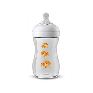 AVENT Biberão Natural Tigre 260ml com bico de silicone e sistema anticólica, ideal para uma alimentação confortável e sem cólicas.