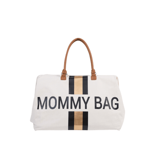 CHILDHOME Bolsa Mommy Bag Canvas Bege com Riscas Preto/Dourado, bolsa elegante e prática, ideal para mamães que buscam organização e estilo.