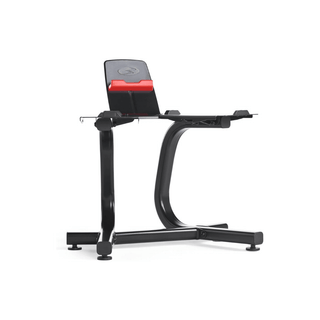 Suporte para Halteres Bowflex NAUTILUS, ideal para ginásio em Luanda, com armazenamento ergonômico e acesso a vídeos de treinamento.